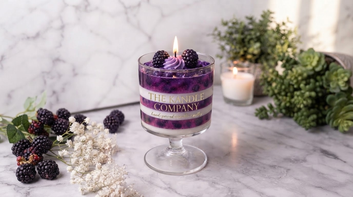 A blackberry candle burning in a footed glass on marble, berries and gypsophila beside it